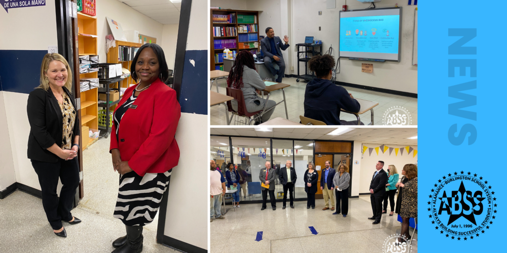 Cover image graphic, showing two presenters standing in front of a classroom, one presenter speaking to families in front of a smart board and the school board standing in front of families in the cafeteria at the family university event