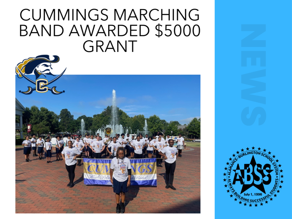 News cover image with a photo of the Cummings High School marching band and the text "Cummings Marching Band Awarded $5000 Grant"