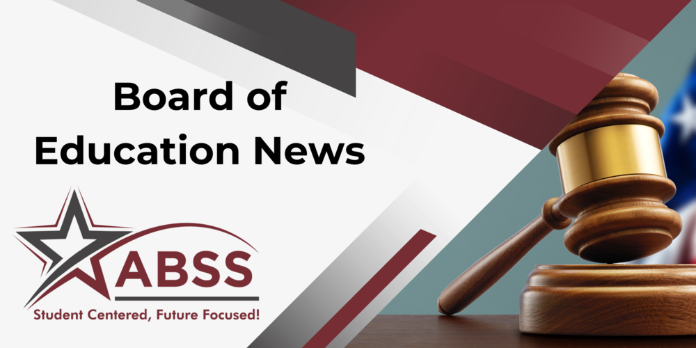 Board of Education News Graphic.  Stock photo of gavel with ABSS logo overlay