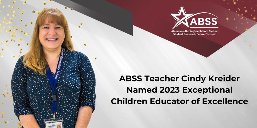 Graphic with photograph of Cindy Kreider and text ABSS Teacher Cindy Kreider Named 2023 Exceptional Children Educator of Excellence