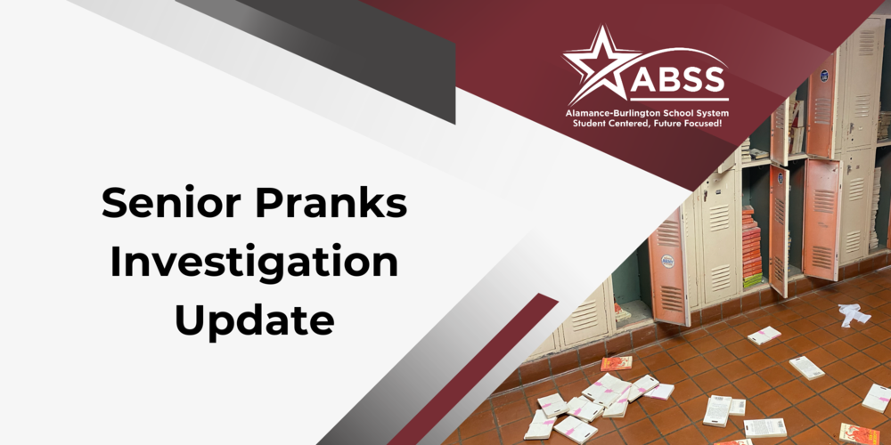 Graphic showing lockers opened and vandalized and text Senior Pranks Investigation Update