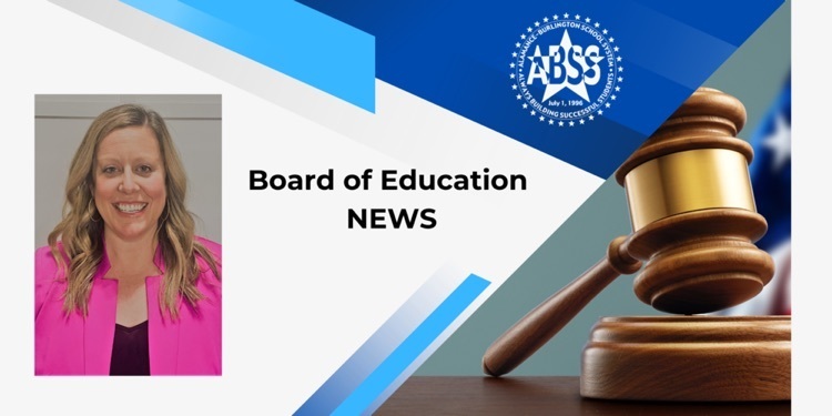Board of Education News Graphic with photo of Lauren Acome new principal at Hawfields overlay.  ABSS logo in upper right corner of graphic 