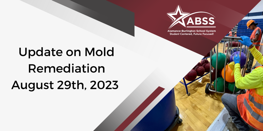 Update on Mold Remediation graphic showing cleaners wiping PE equipment in a gym