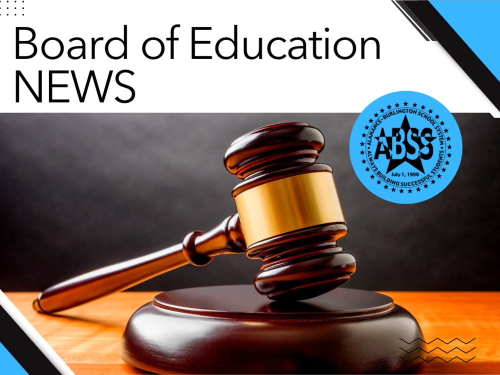 Board of Education News Graphic with ABSS Logo Photo of gavel in background