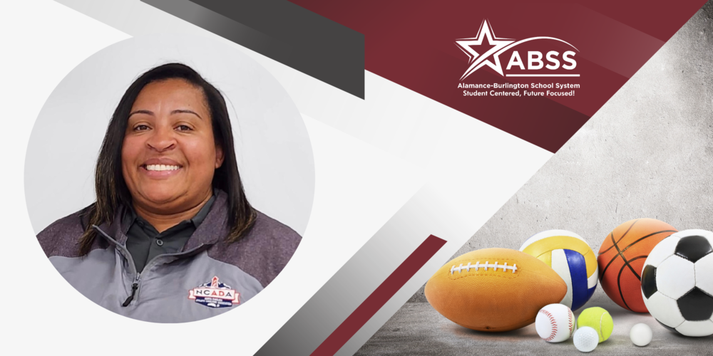photo of Cherie Pettiford with ABSS logo overlay.  Background of various sports balls including football, basketball, and soccer.  