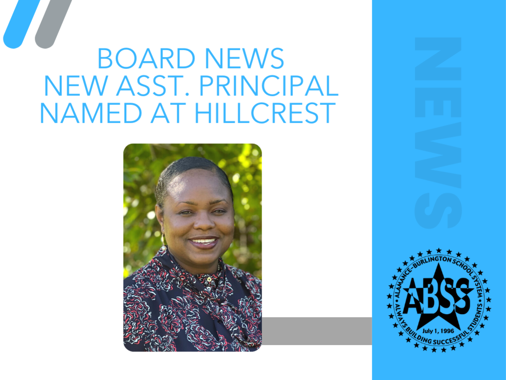 Photo of New Assistant Principal at Hillcrest with ABSS Logo and word NEWS 