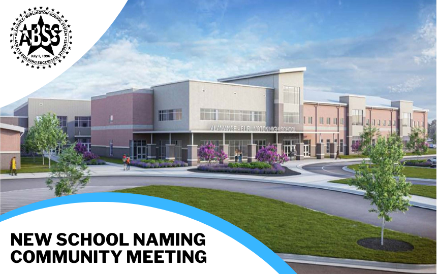 Graphic of New School Rendering with New School Naming Community Meeting Text 
