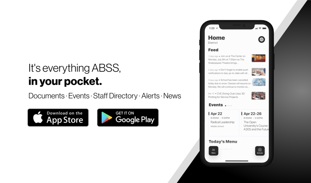 Photo-graphic showing a smartphone with the ABSS app feed showing.  There is text beside it and two graphics for the App Store and Google Play Store