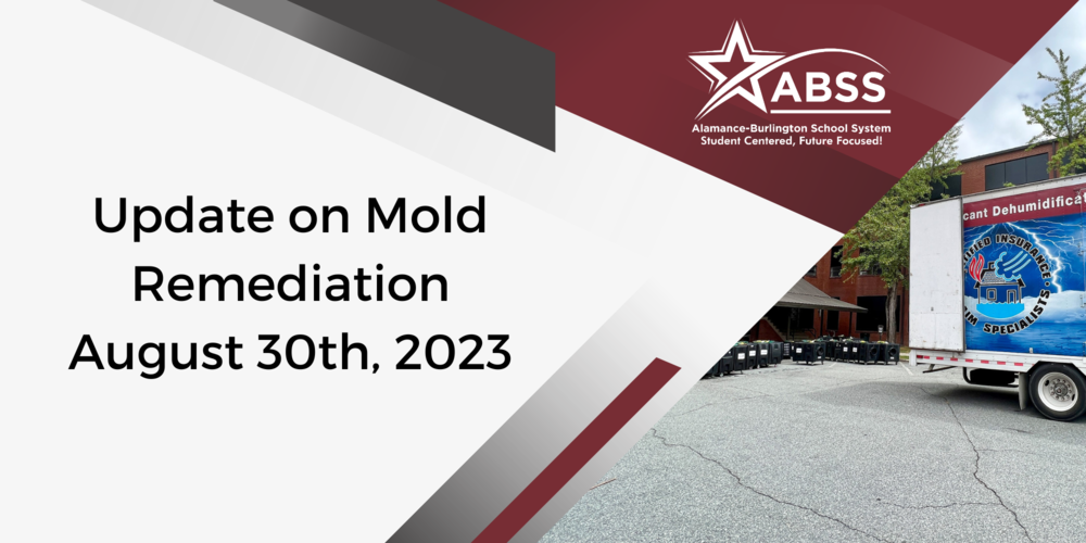 Update on Mold Remediation graphic with contracted cleaning service trailer photograph