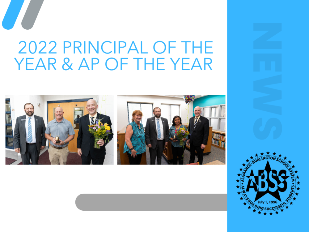 Graphic honoring ABSS Principal of the Year Greg Hook and AP of the Year Tameka Cloud with Superintendent & Deputy Superintendent