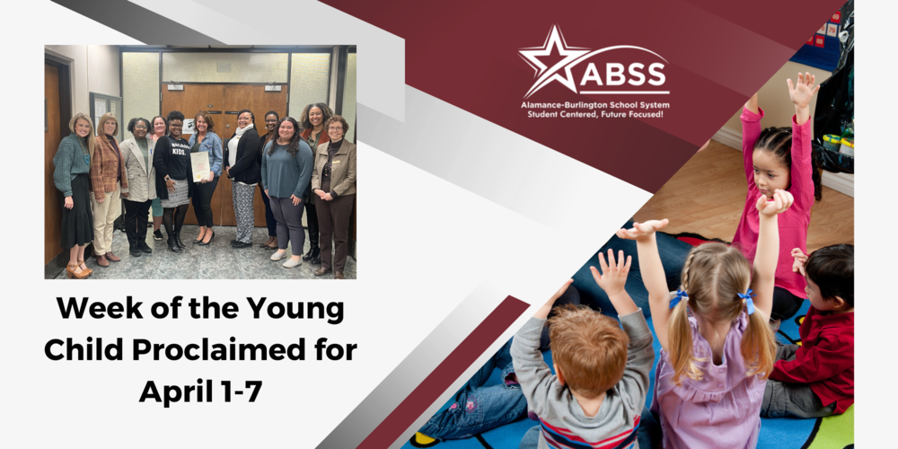Header graphic showing a photograph of pre-kindergarten students raising both hands on the carpet, a photograph of Pre-K teachers and leaders standing together with a proclamation, and text, "Week of the Young Child Proclaimed for April 1-7" below