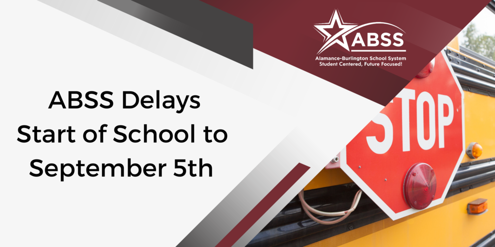 ABSS Delays start of school graphic with ABSS Logo overlay and School bus stop sign graphic 
