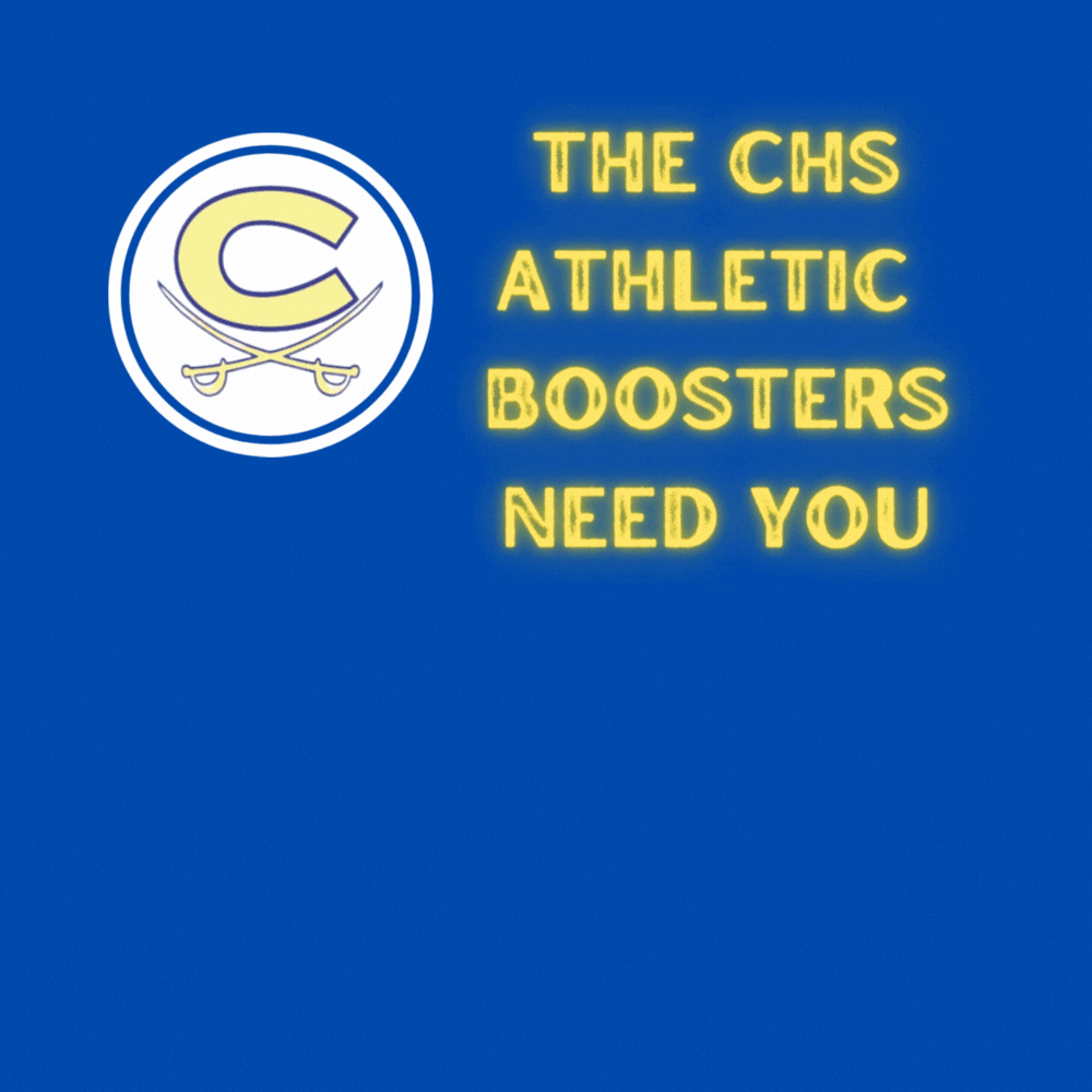 Yellow writing/Blue background The CHS Athletic Boosters Need You with pointing finger
