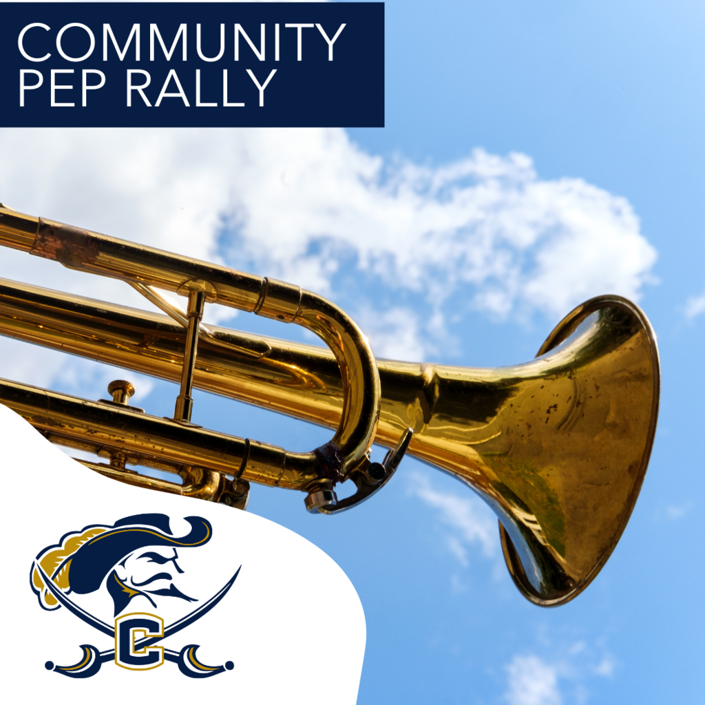 Photo of Trumpet with Cummings High School Logo promoting community pep rally 
