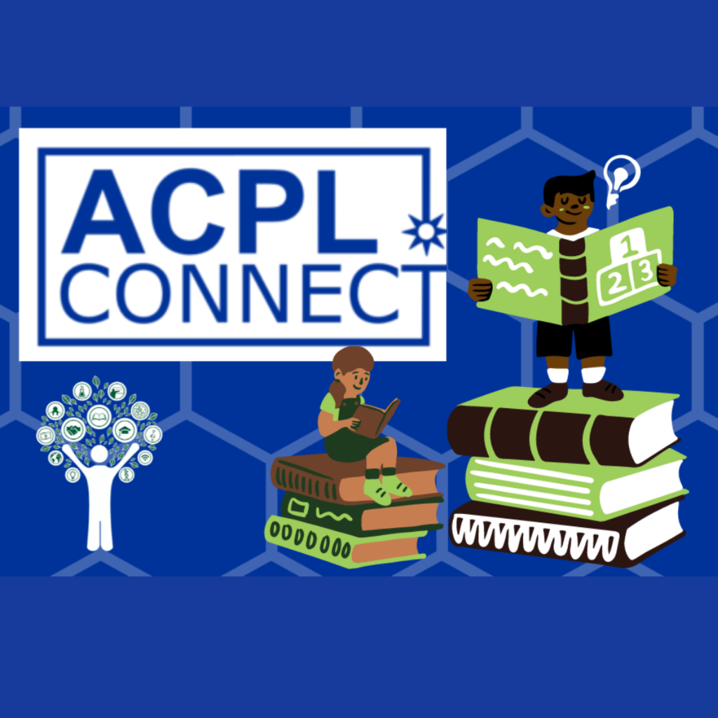 Alamance County Public Library Connect graphic showing two students reading on stacks of books