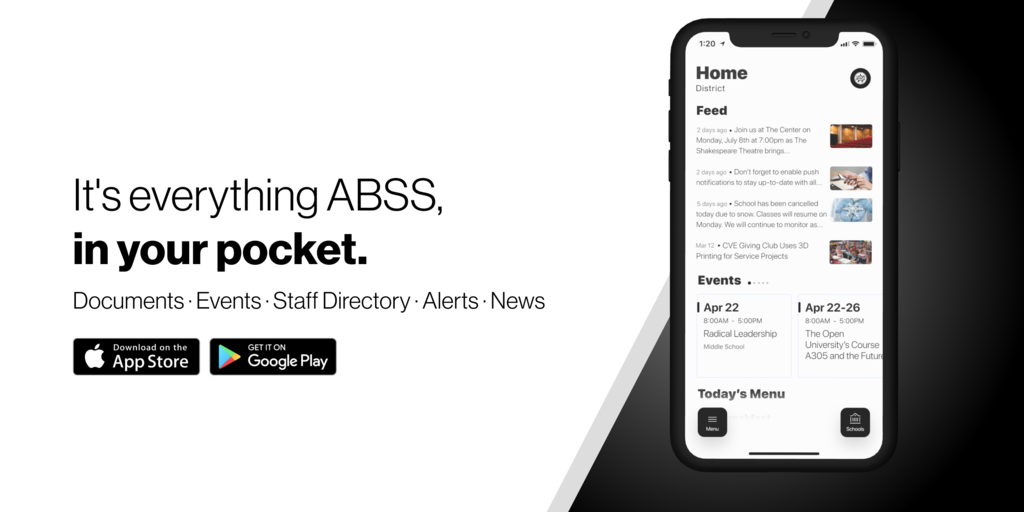 Graphic with a smartphone showing the ABSS mobile app feed, events, and buttons at the bottom and the text "It's everything ABSS, in your pocket.".