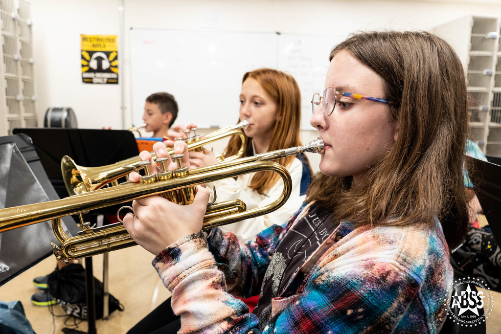 Middle School students at Southern Middle in Band Class playing trumpets 