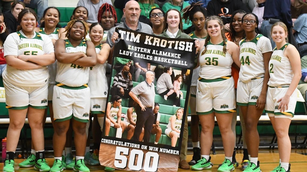 Eastern Lady Eagles Basketball Coach Tim Krotish surrounded by basketball players in their jerseys.  He is holding a banner that says "Tim Krotish Eastern Alamance Lady Eagles Basketball Congratulations on Win Number 500"