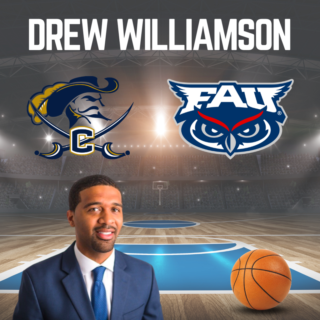 Graphic of assistant coach of Florida Atlantic University Drew Williamson with logos of Cummings High School and Florida Atlantic University, a basketball, and basketball court and stadium background with text, "DREW WILLIAMSON: