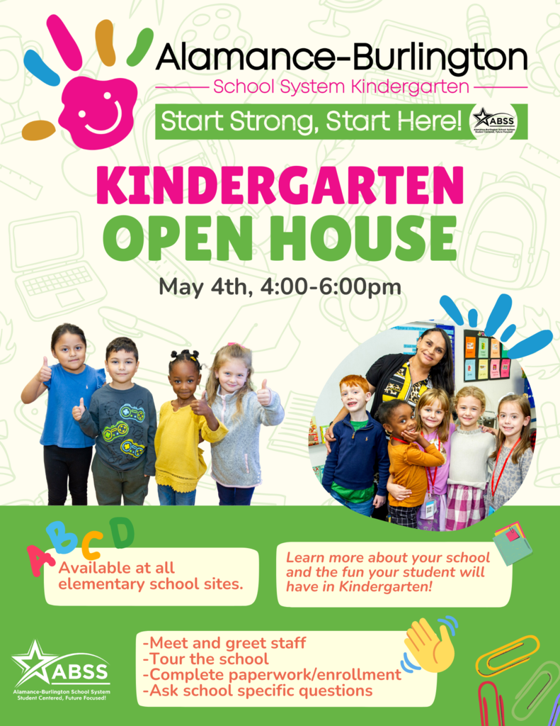 Flyer advertising Kindergarten Open House showing photographs of kindergarten students with their thumbs up and a small group of students posing with teacher and text "-Meet and greet staff -Tour the school -Complete paperwork/enrollment -Ask school specific questions Kindergarten Open House May 4th, 4:00-6:00pm Available at all elementary school sites. Learn more about your school and the fun your student will have in Kindergarten!"