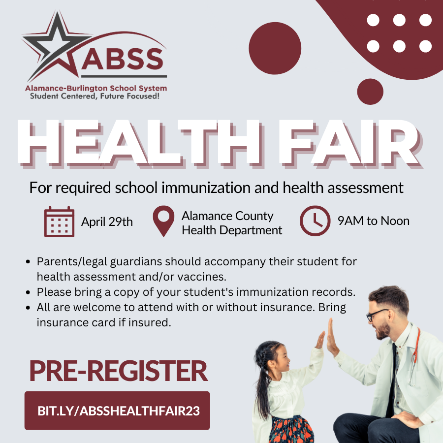 Graphic advertising the ABSS Health Fair on April 29th, 9AM to Noon at the Alamance County Health Department