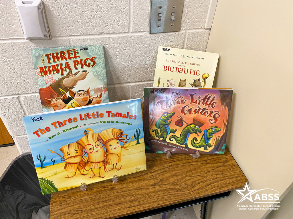 Four variations of the Three Little Pigs on display which were the inspiration for the Fractured Fairy Tales play