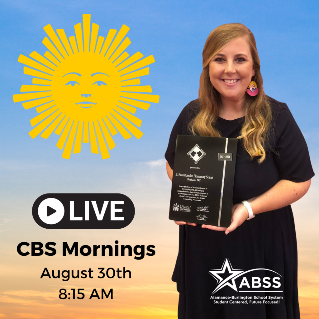 Counselor of the Year Meredith Draughn holding a plaque transposed over a sunrise and the CBS Mornings logo