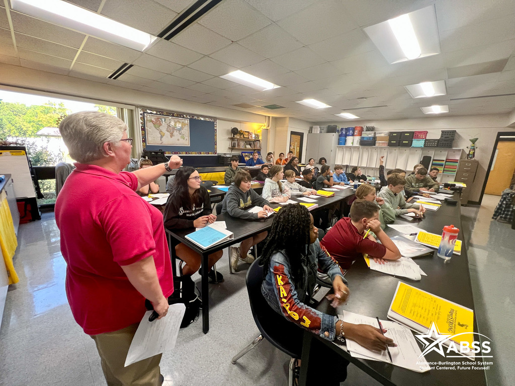 A teacher leads a class in discussion at Southern Middle School