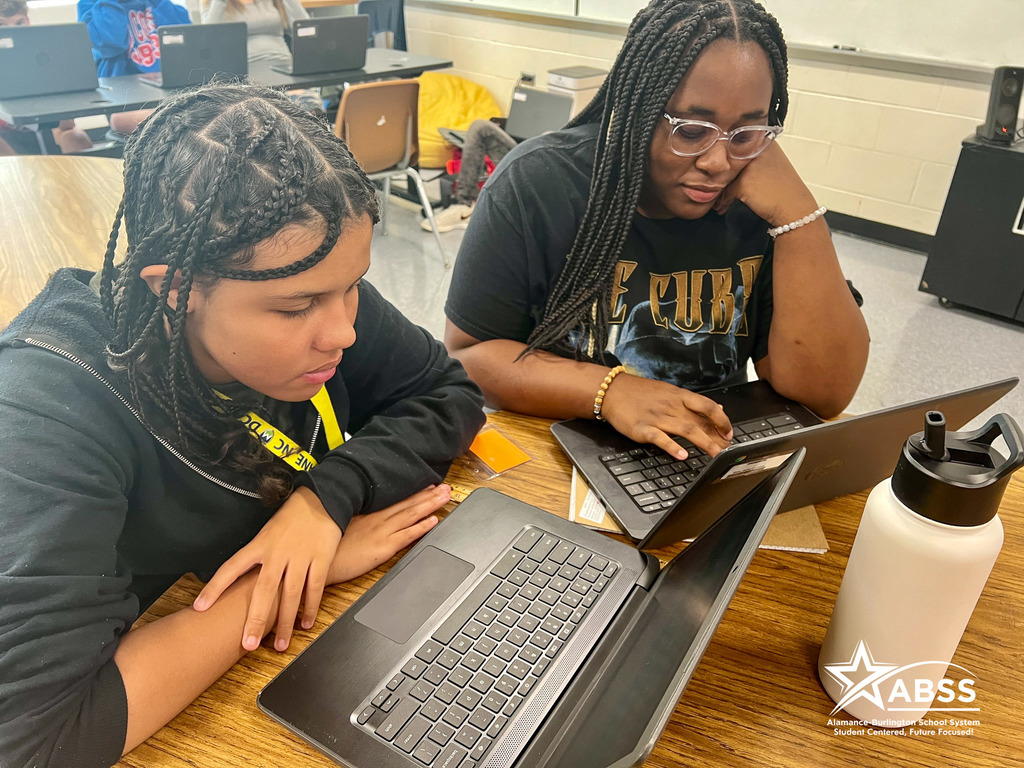 Two students are engaged in work on their laptops