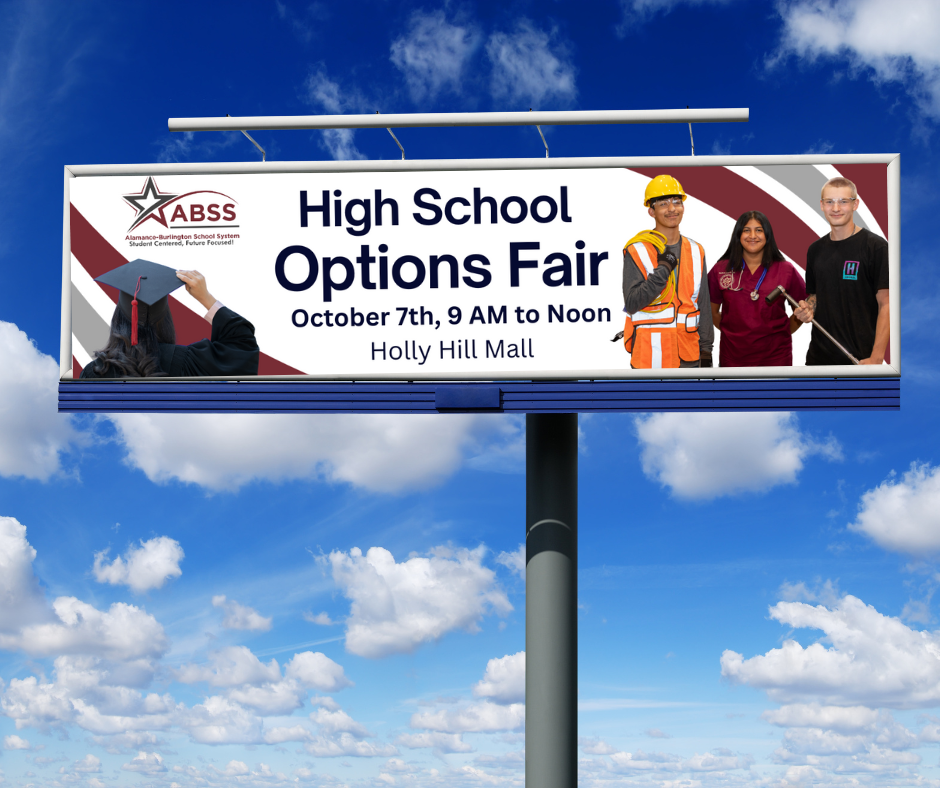 Billboard graphic showing a preview image of the High School Options Fair billboard