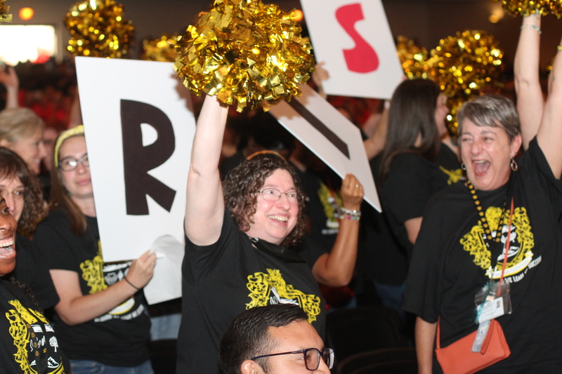 Teachers from Haw River Elementary cheering