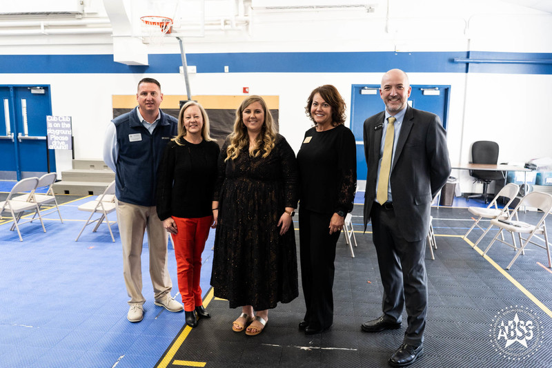 Meredith Draughn with ABSS Board Members Ryan Bowden & Sandy Ellington Graves, Principal Terri Drumond and Deputy Superintendent Lowell Rogers