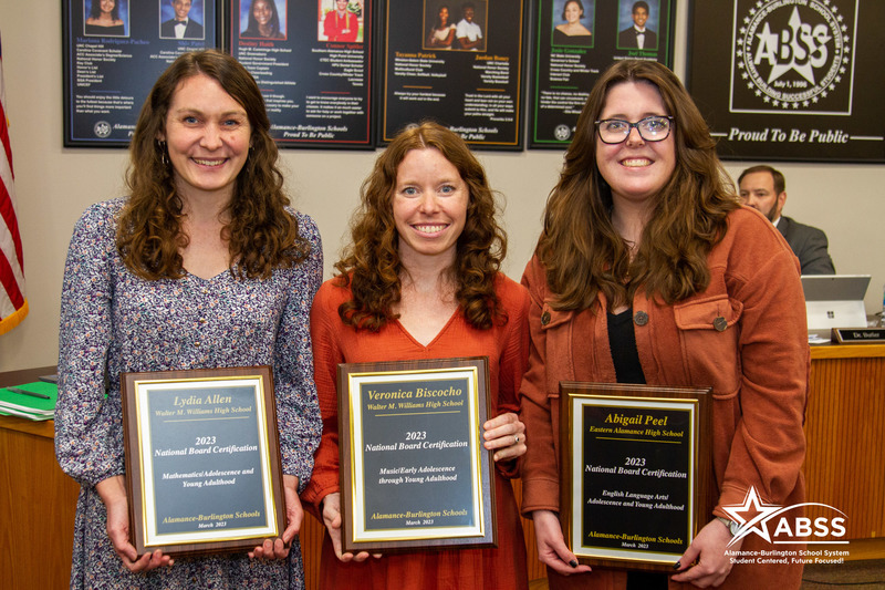  Photograph of teachers Lydia Allen, Veronica Bisocho, and Abigail Peel holding their plaques of recognition in honor of 2023 National Board Certification