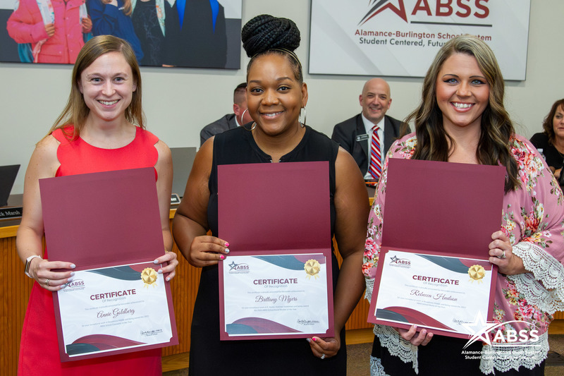 School social worker of the year Brittany Myers, school nurse of the year Rebecca Hudson, and school counselor of the year Annie Golderg holding certificates of recognition